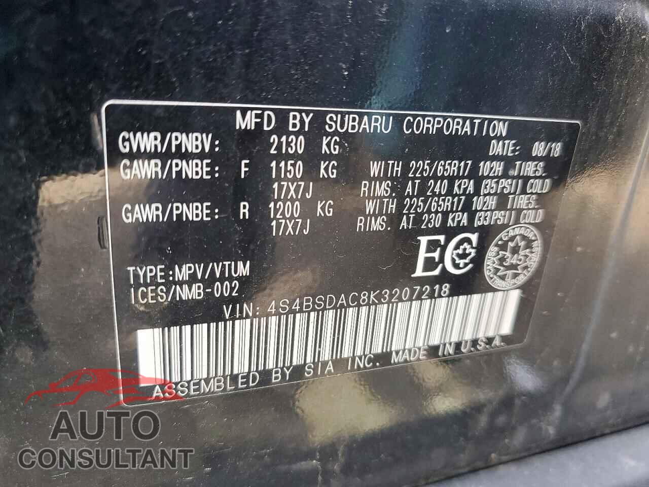SUBARU OUTBACK 2019 - 4S4BSDAC8K3207218