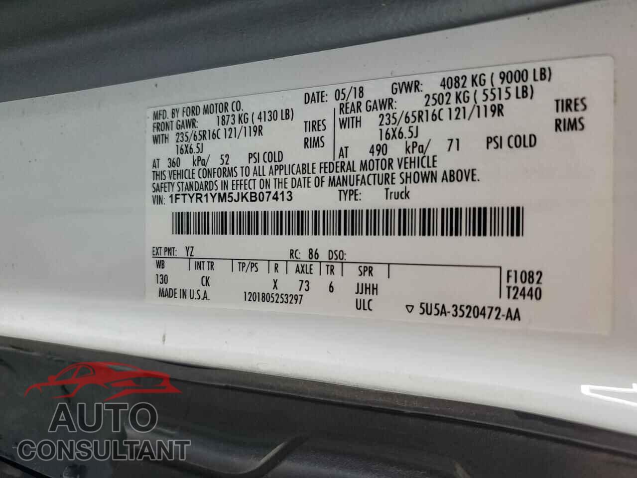 FORD TRANSIT 2018 - 1FTYR1YM5JKB07413