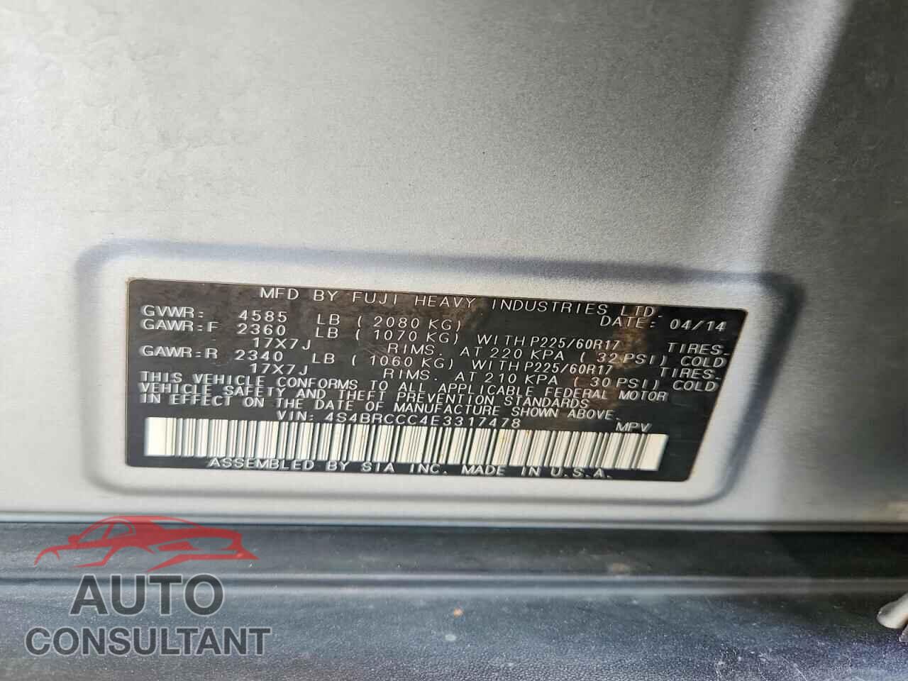 SUBARU OUTBACK 2014 - 4S4BRCCC4E3317478
