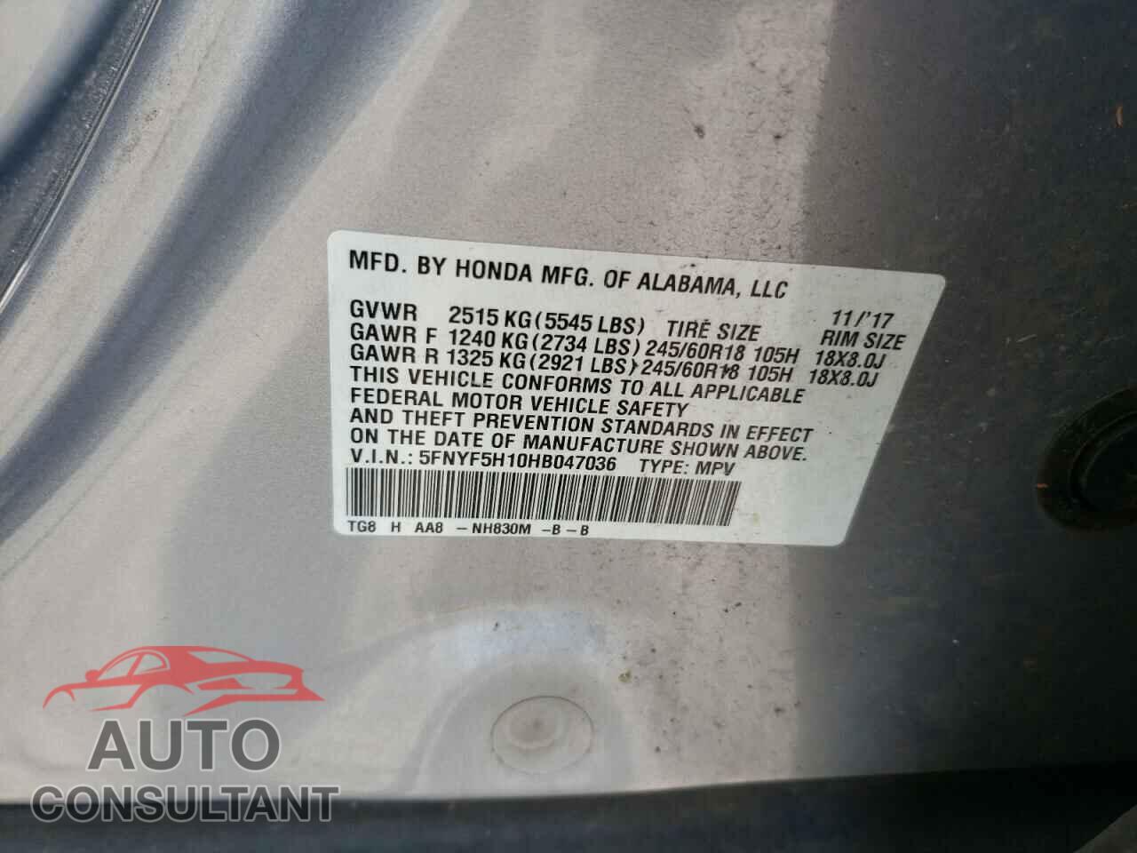 HONDA PILOT 2017 - 5FNYF5H10HB047036