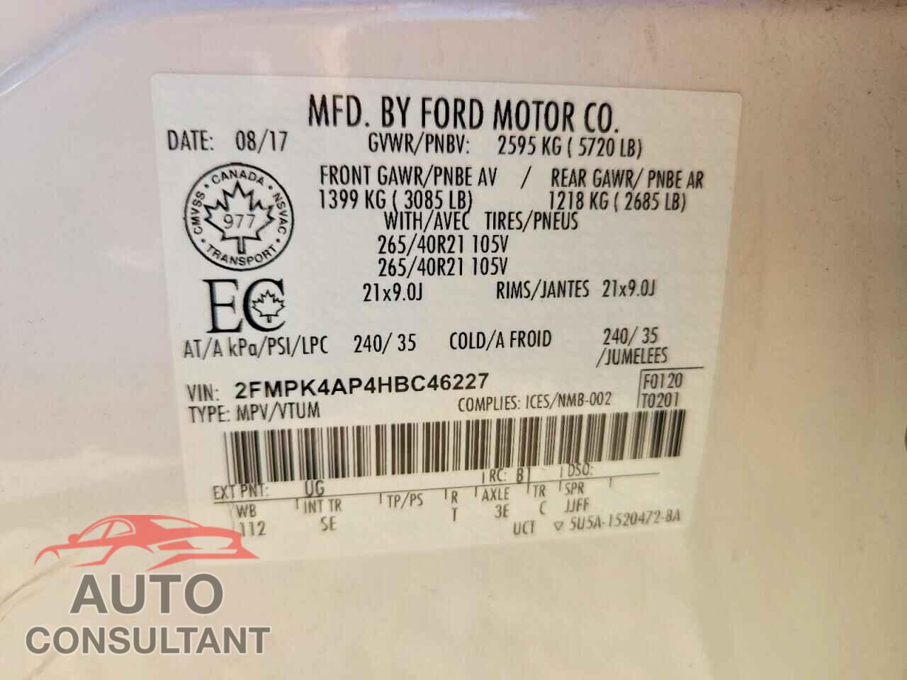 FORD EDGE 2017 - 2FMPK4AP4HBC46227
