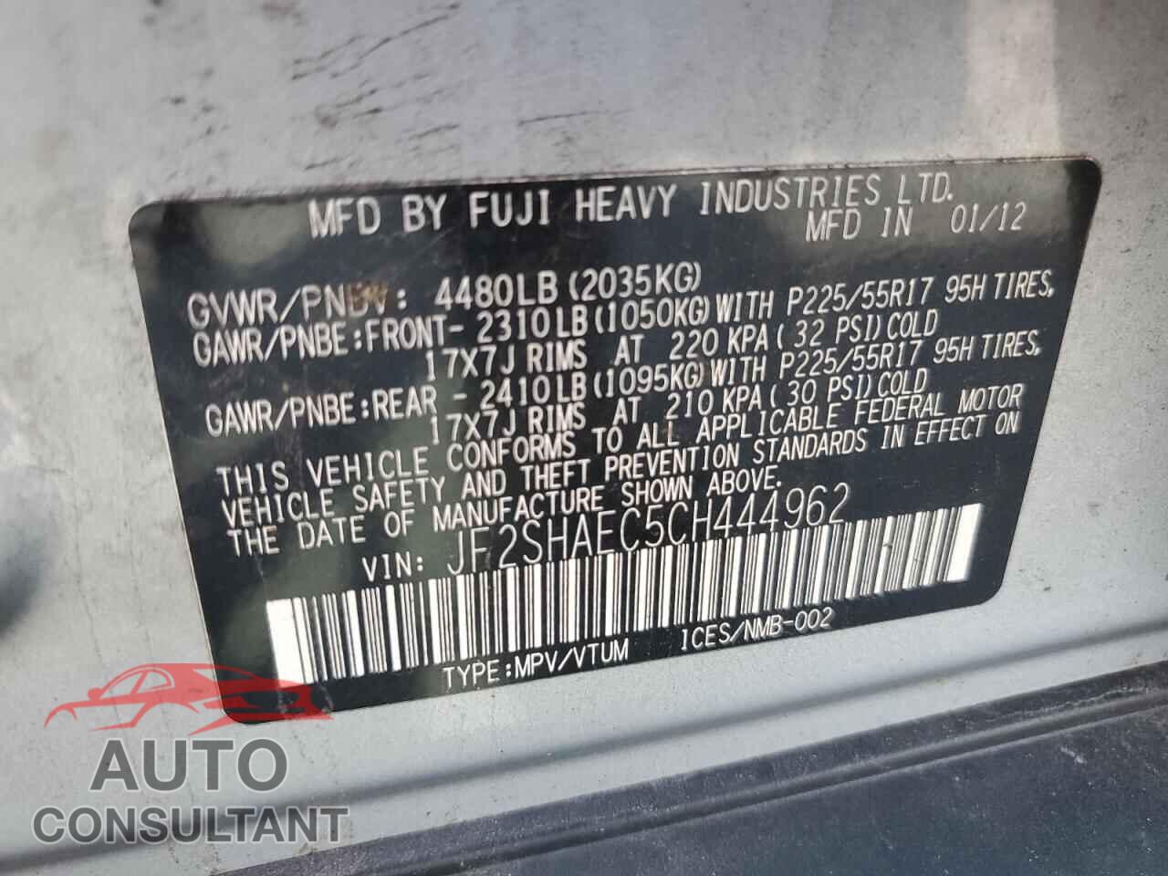 SUBARU FORESTER 2012 - JF2SHAEC5CH444962