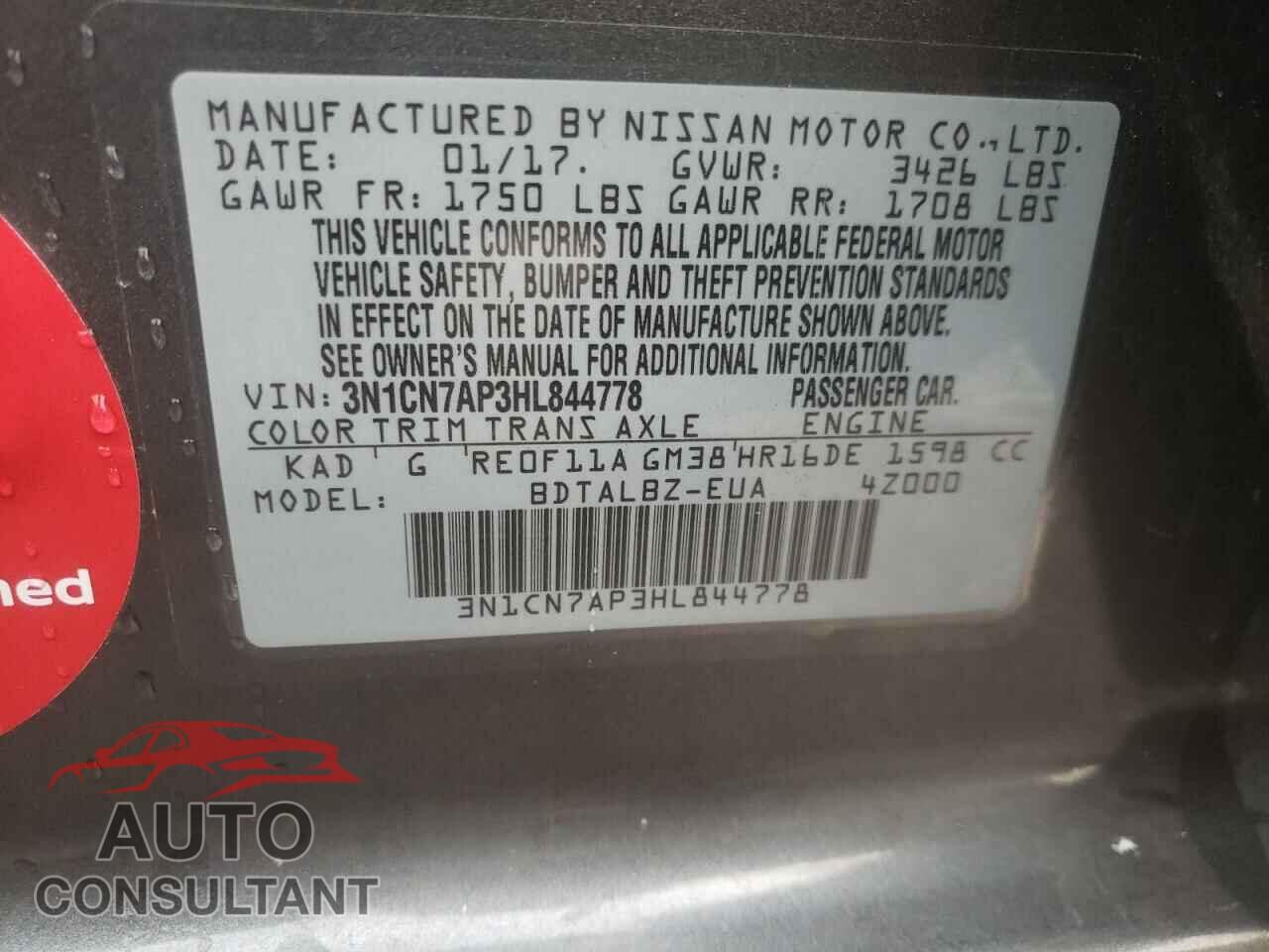 NISSAN VERSA 2017 - 3N1CN7AP3HL844778