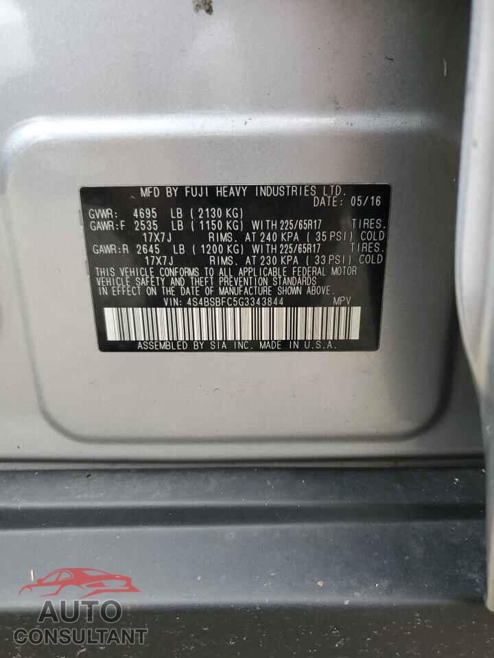 SUBARU OUTBACK 2016 - 4S4BSBFC5G3343844