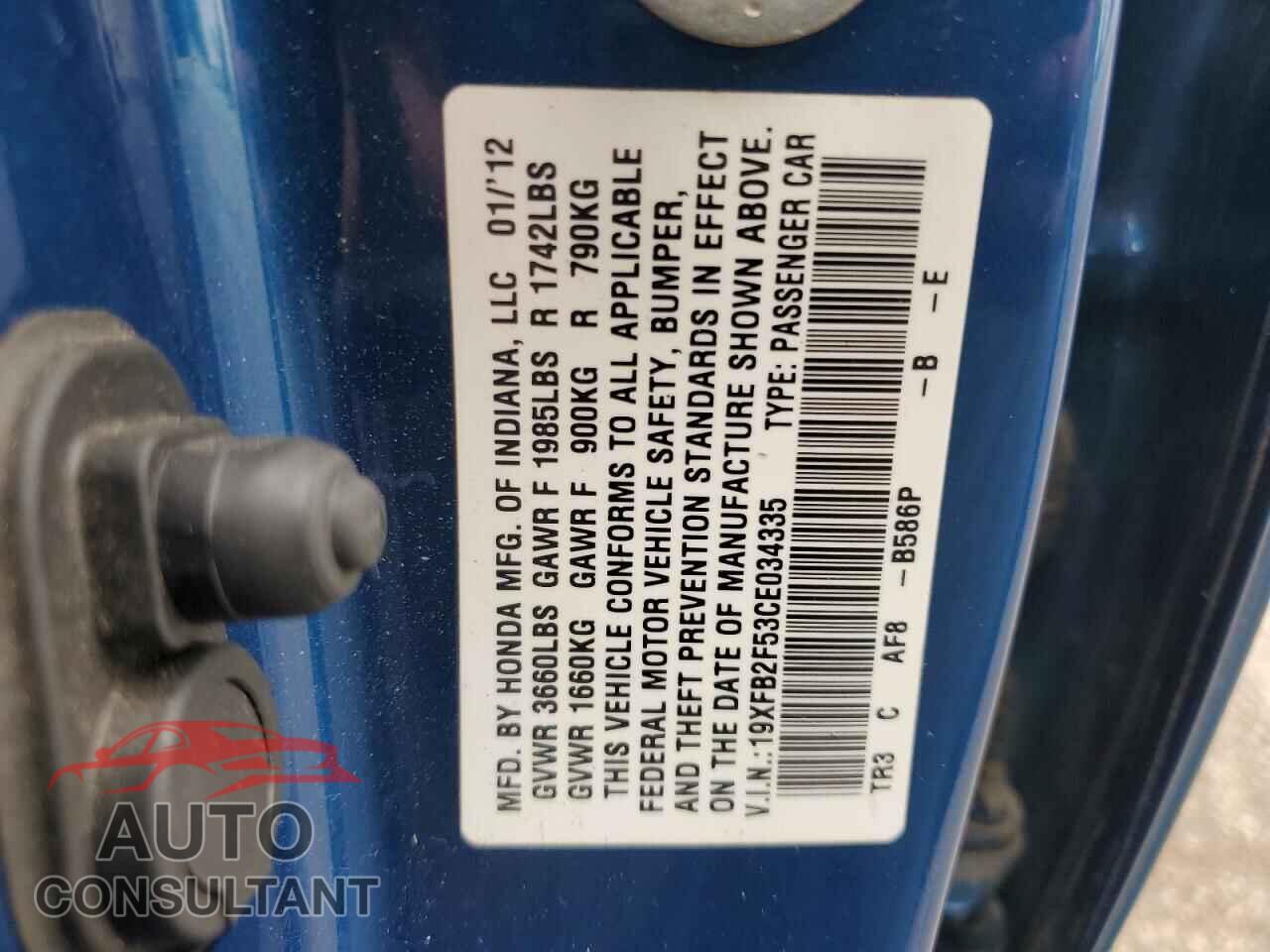 HONDA CIVIC 2012 - 19XFB2F53CE034335