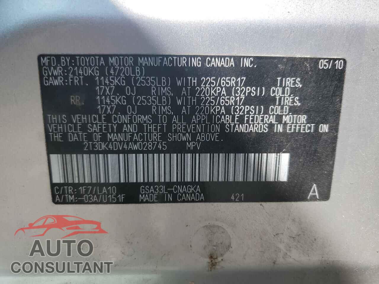 TOYOTA RAV4 2010 - 2T3DK4DV4AW028745