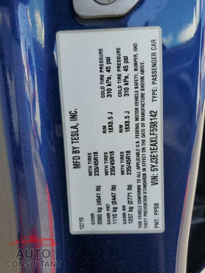 TESLA MODEL 3 2020 - 5YJ3E1EAXLF598142