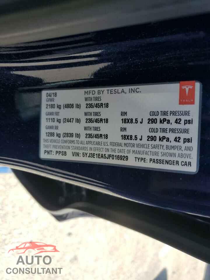 TESLA MODEL 3 2018 - 5YJ3E1EA5JF016929