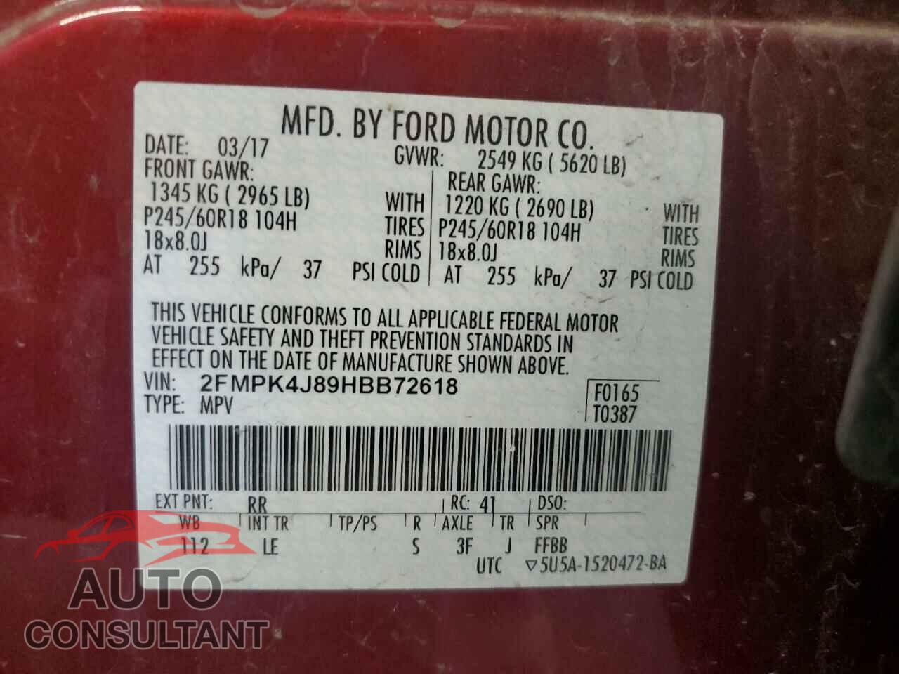 FORD EDGE 2017 - 2FMPK4J89HBB72618
