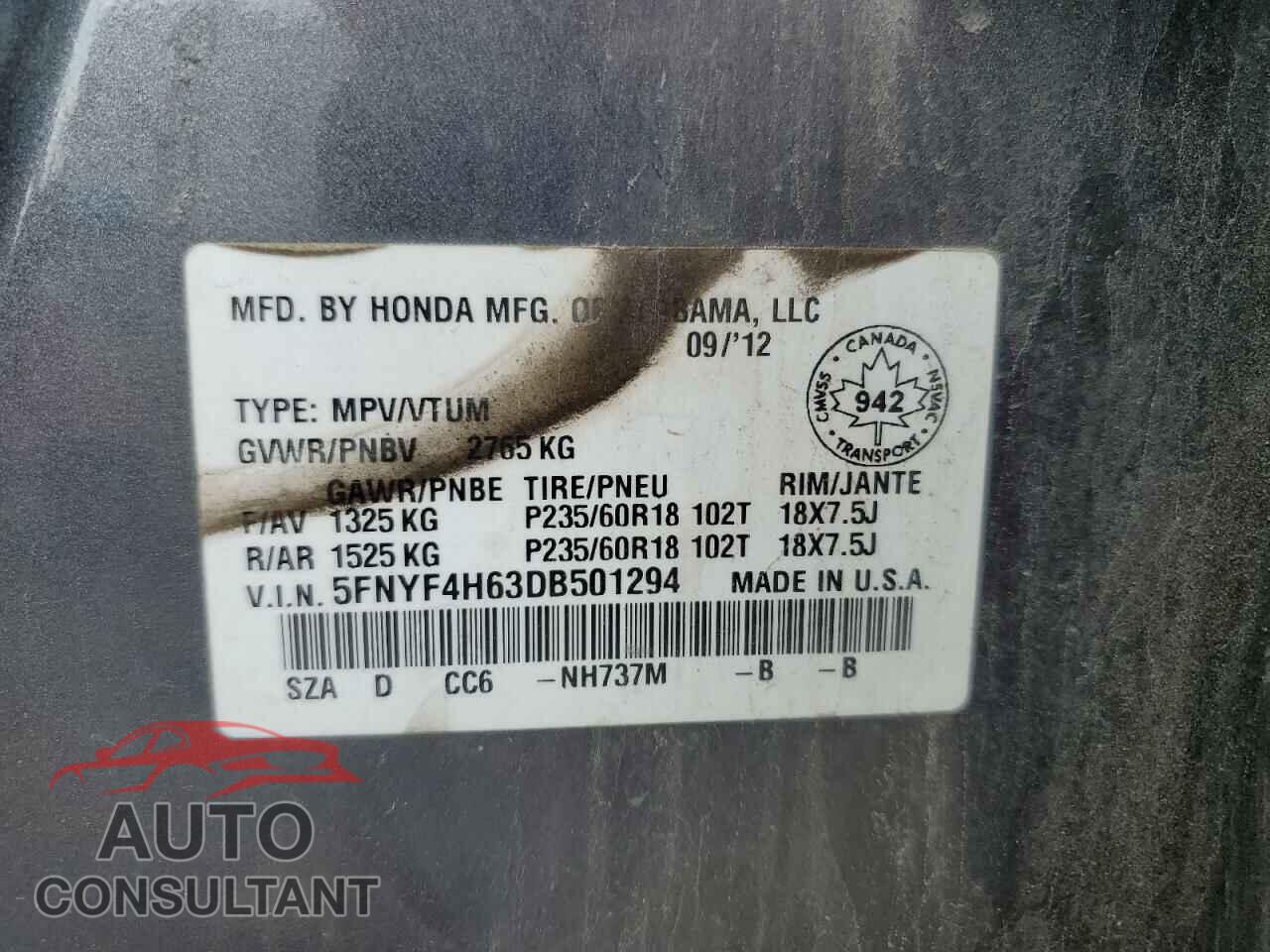 HONDA PILOT 2013 - 5FNYF4H63DB501294