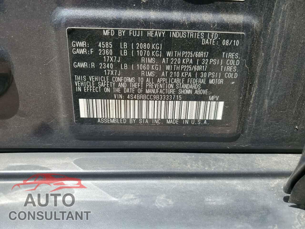 SUBARU OUTBACK 2011 - 4S4BRBCC9B3333715