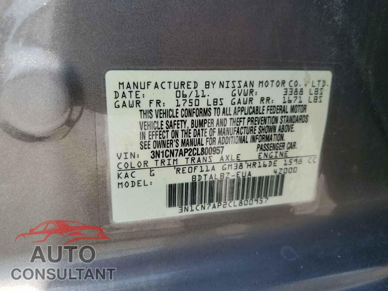 NISSAN VERSA 2012 - 3N1CN7AP2CL800957