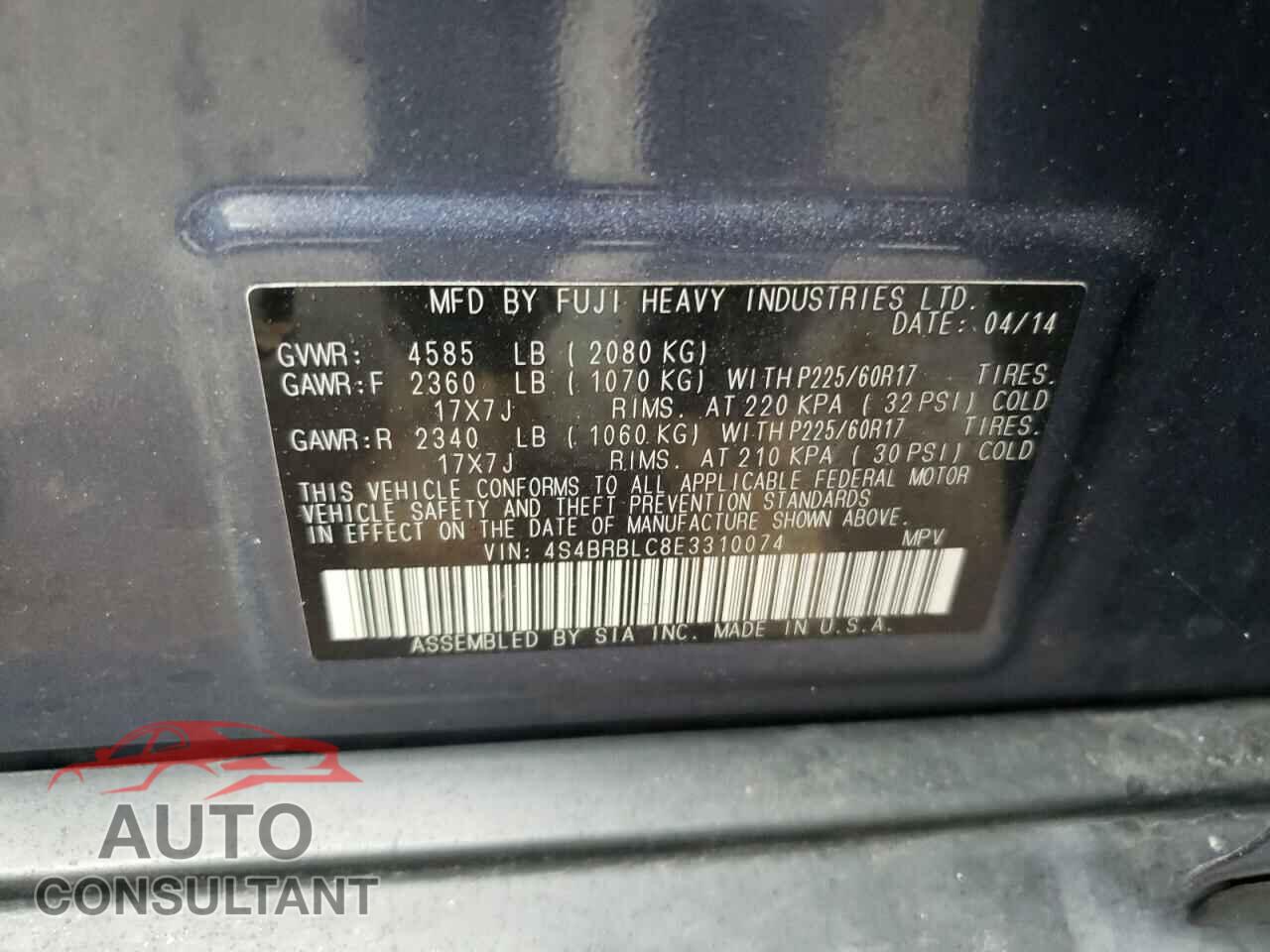 SUBARU OUTBACK 2014 - 4S4BRBLC8E3310074