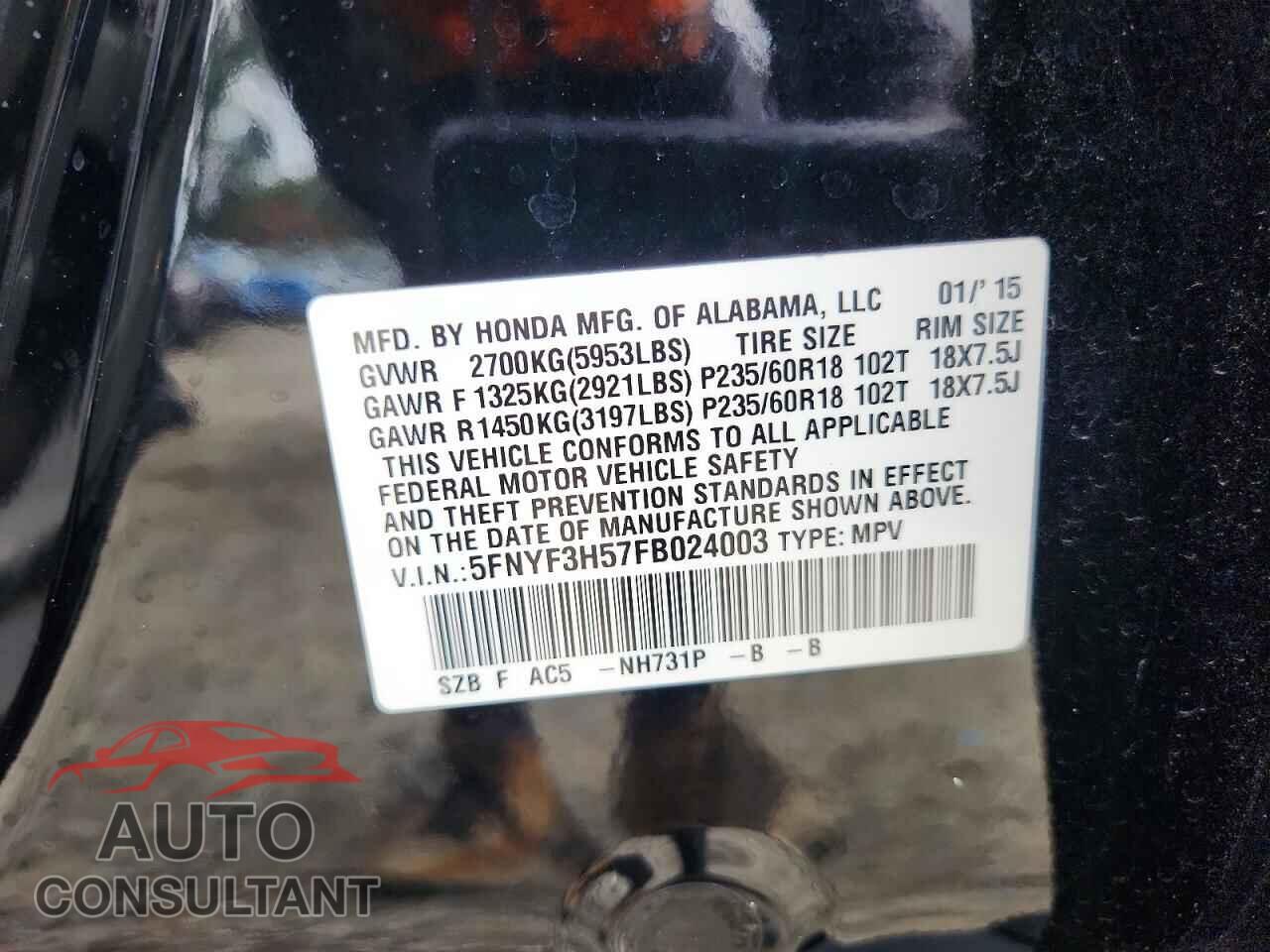 HONDA PILOT 2015 - 5FNYF3H57FB024003