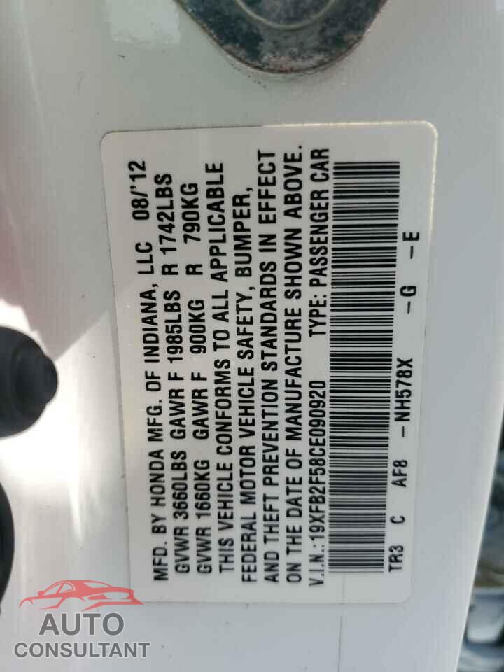 HONDA CIVIC 2012 - 19XFB2F58CE090920