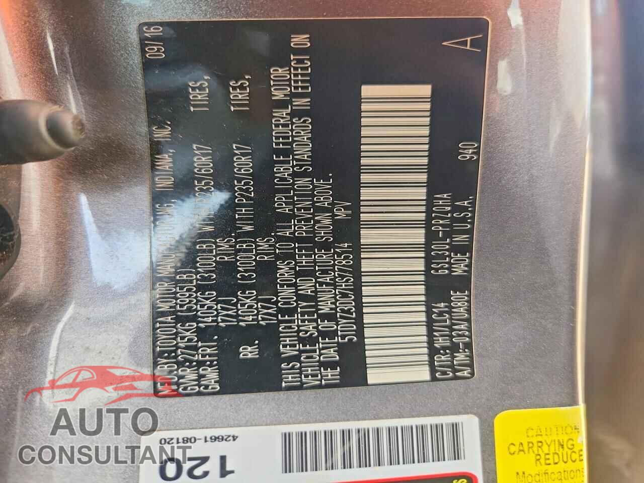 TOYOTA SIENNA 2017 - 5TDYZ3DC7HS778514