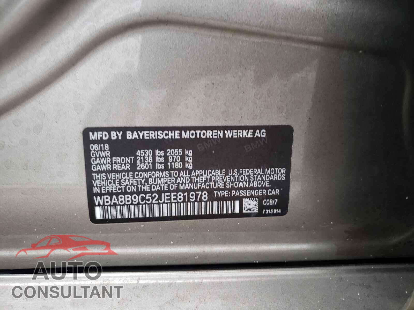 BMW 3 SERIES 2018 - WBA8B9C52JEE81978