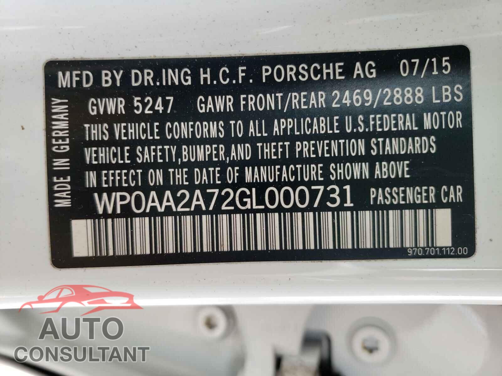 PORSCHE PANAMERA 2016 - WP0AA2A72GL000731