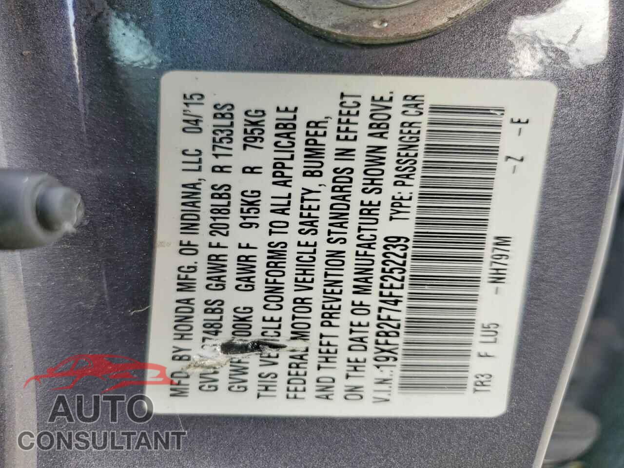 HONDA CIVIC 2015 - 19XFB2F74FE252239