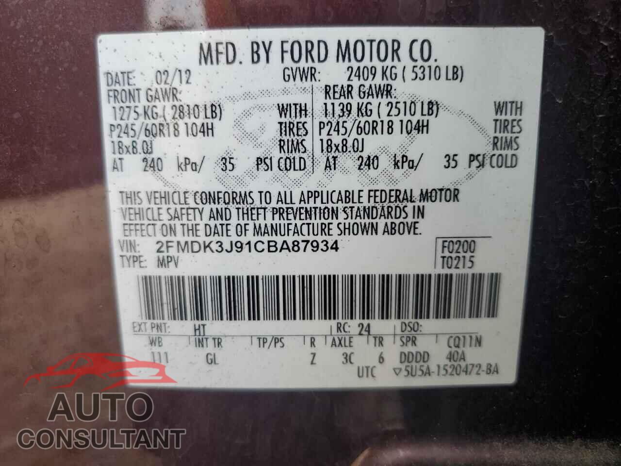 FORD EDGE 2012 - 2FMDK3J91CBA87934