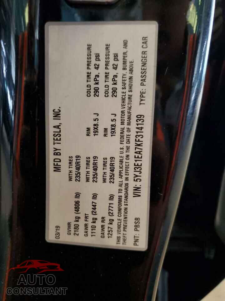 TESLA MODEL 3 2019 - 5YJ3E1EA7KF314139
