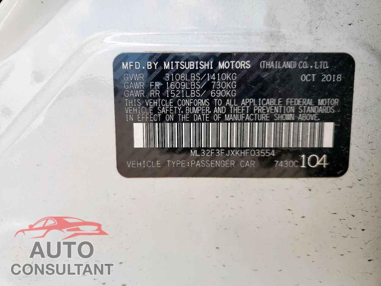 MITSUBISHI MIRAGE 2019 - ML32F3FJXKHF03554