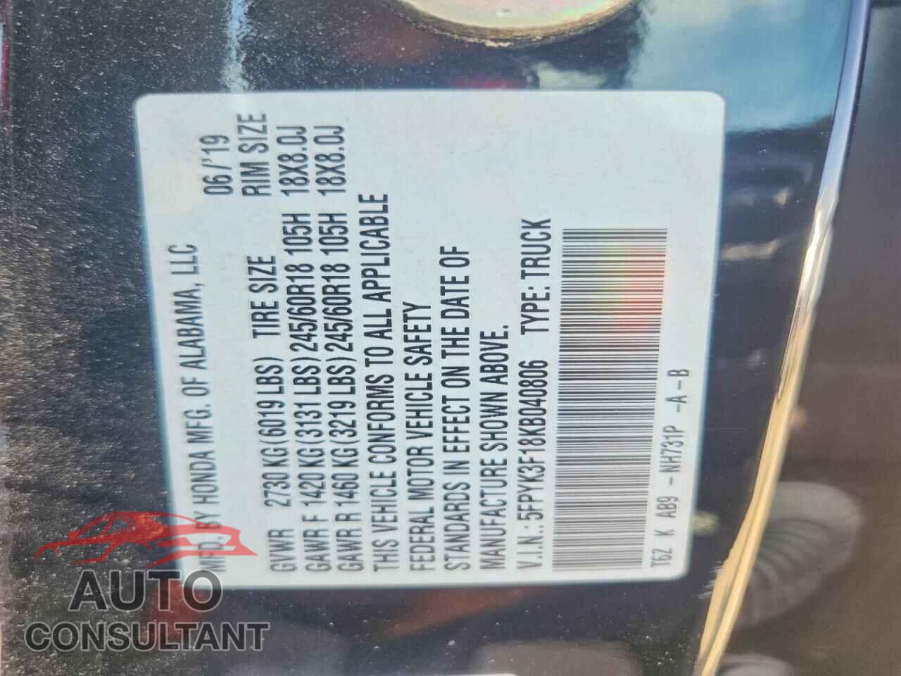 HONDA RIDGELINE 2019 - 5FPYK3F18KB040806