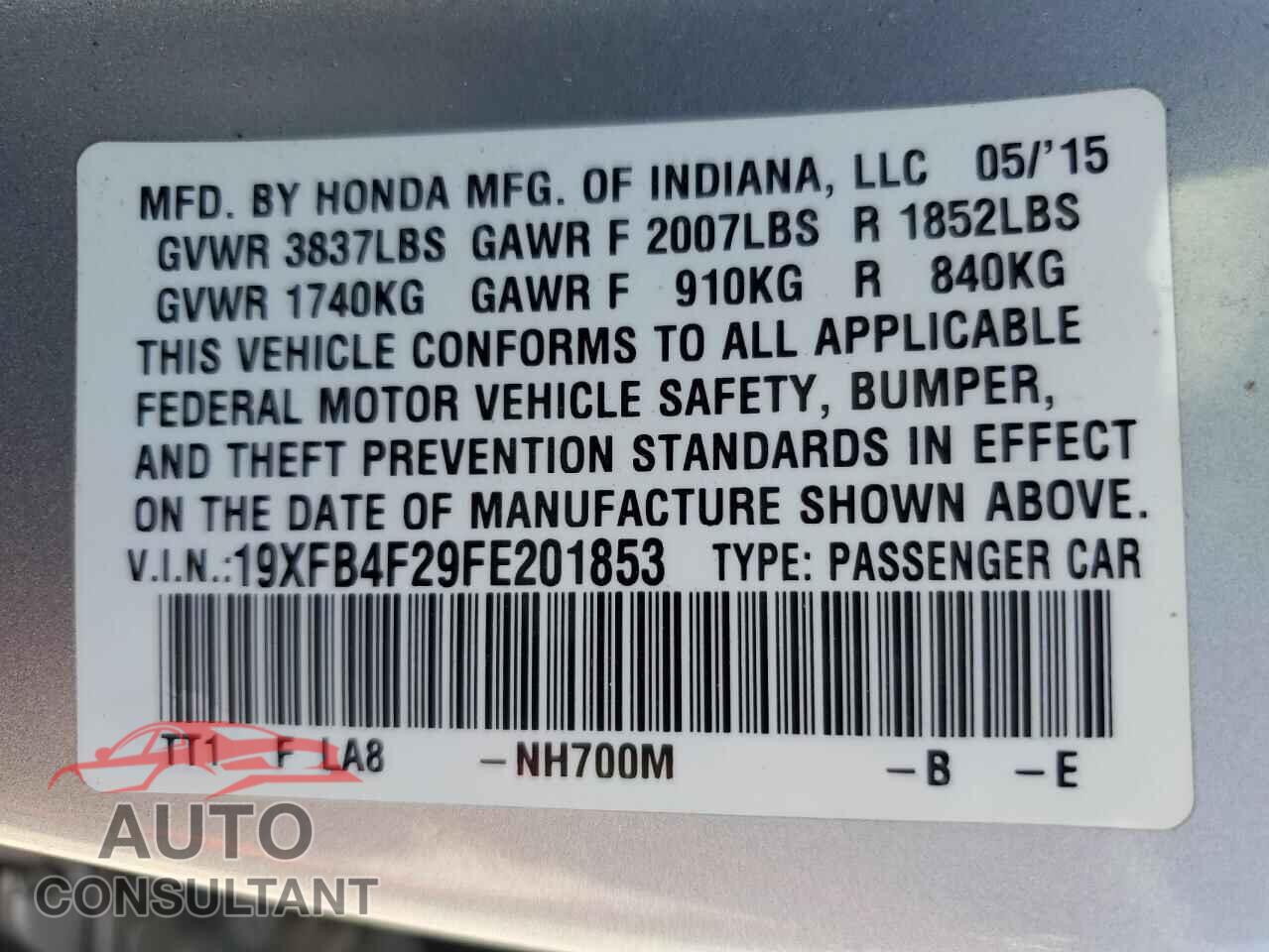 HONDA CIVIC 2015 - 19XFB4F29FE201853