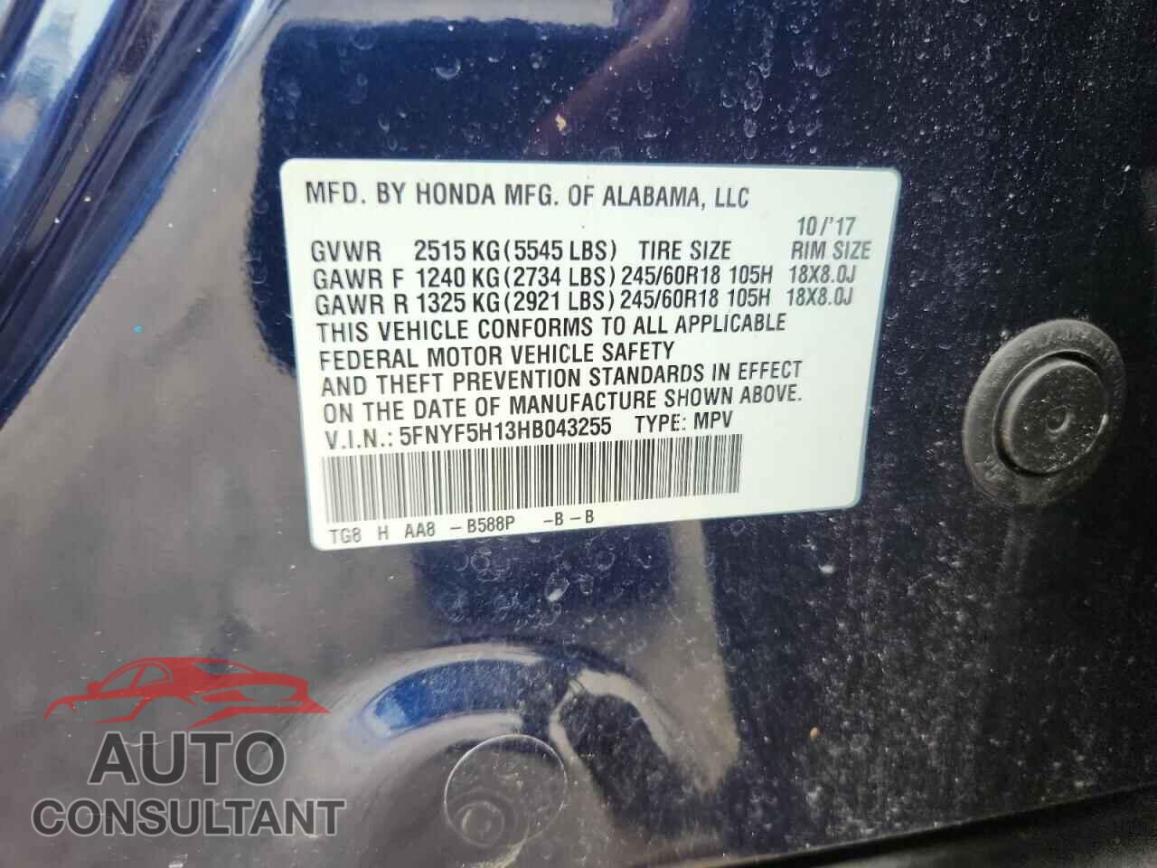 HONDA PILOT 2017 - 5FNYF5H13HB043255