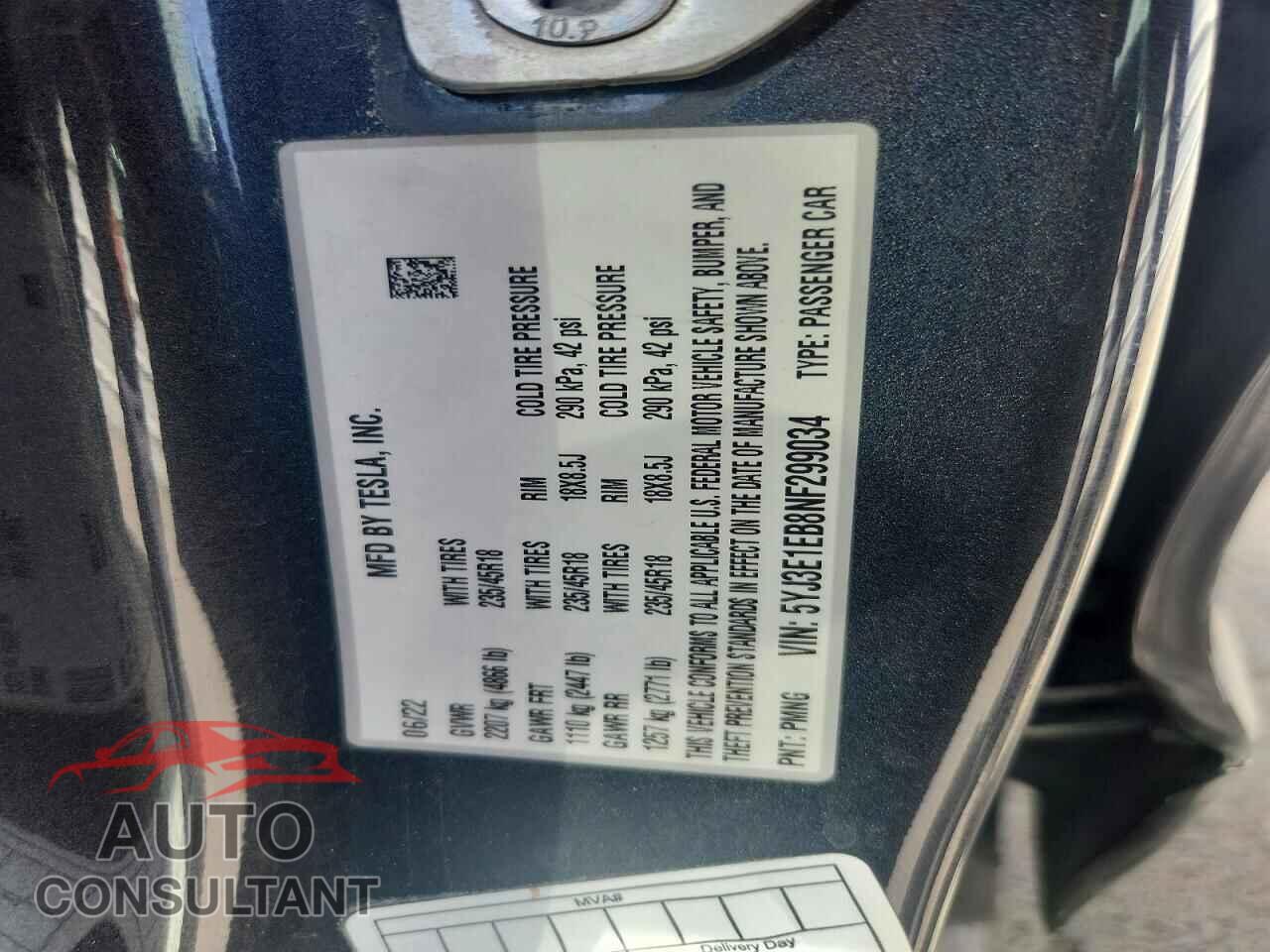 TESLA MODEL 3 2022 - 5YJ3E1EB8NF299034