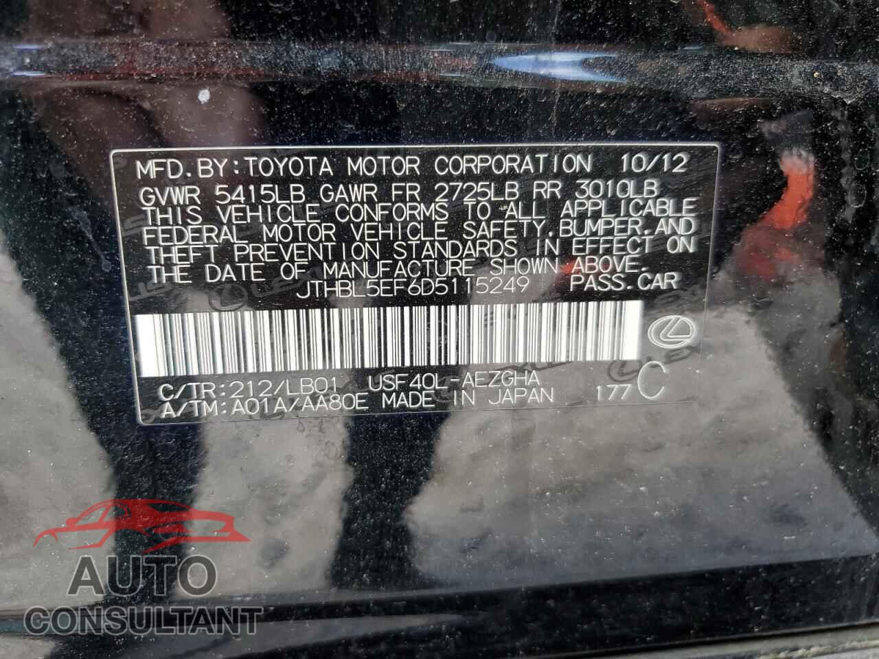 LEXUS LS460 2013 - JTHBL5EF6D5115249
