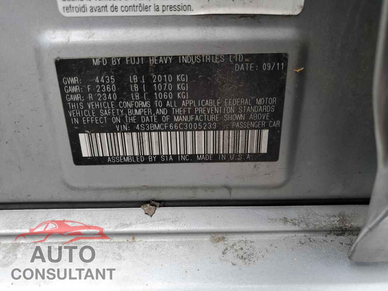 SUBARU LEGACY 2012 - 4S3BMCF66C3005233