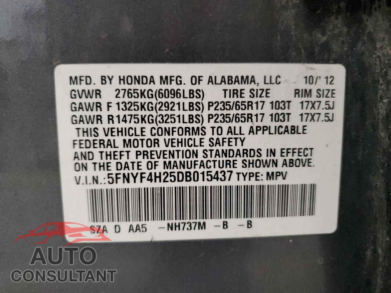 HONDA PILOT 2013 - 5FNYF4H25DB015437
