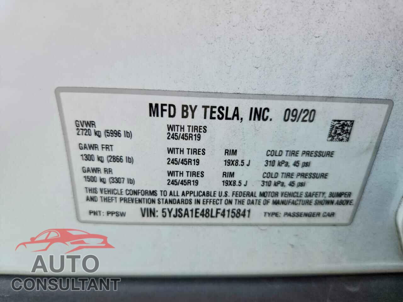 TESLA MODEL S 2020 - 5YJSA1E48LF415841