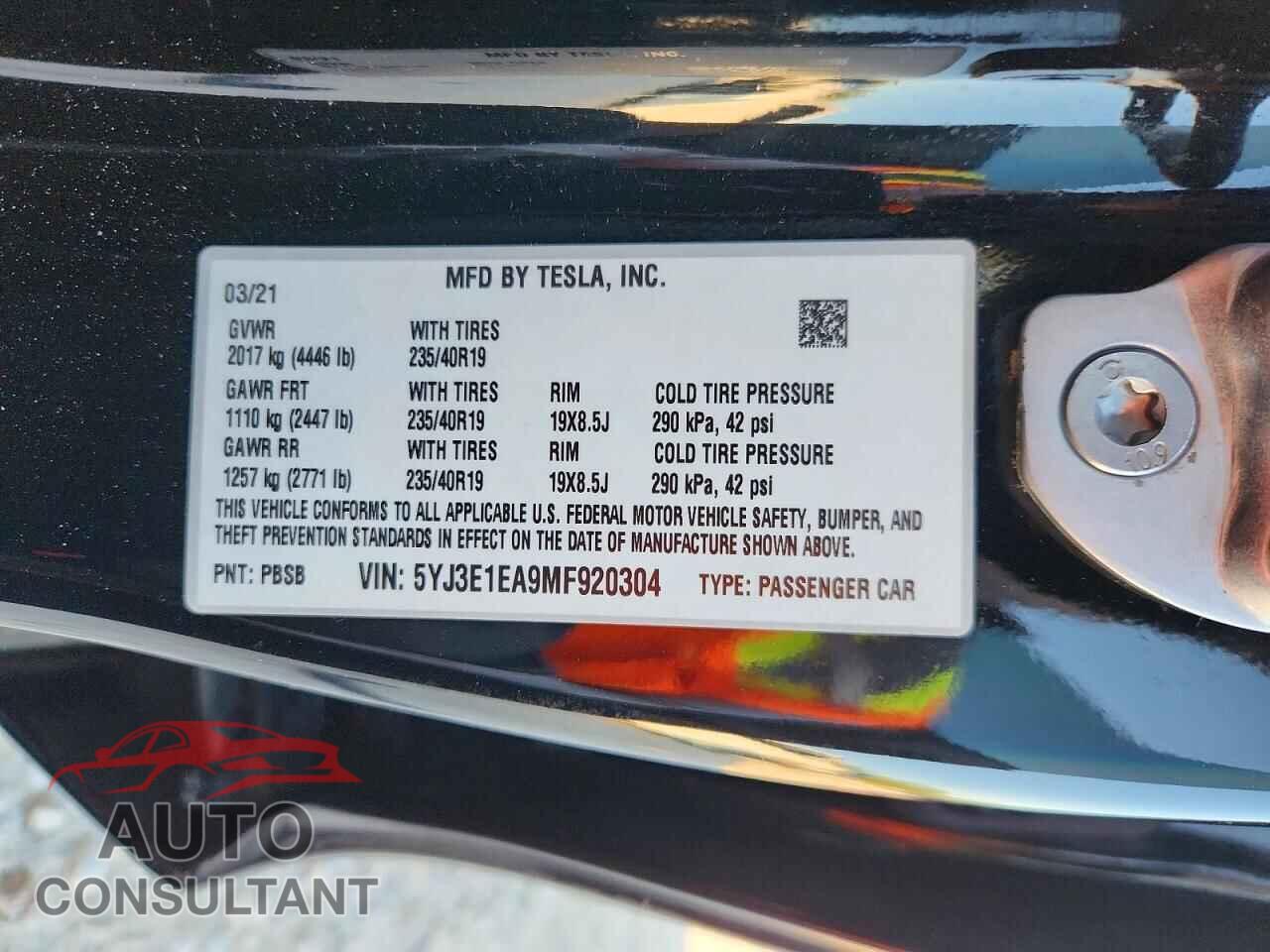 TESLA MODEL 3 2021 - 5YJ3E1EA9MF920304