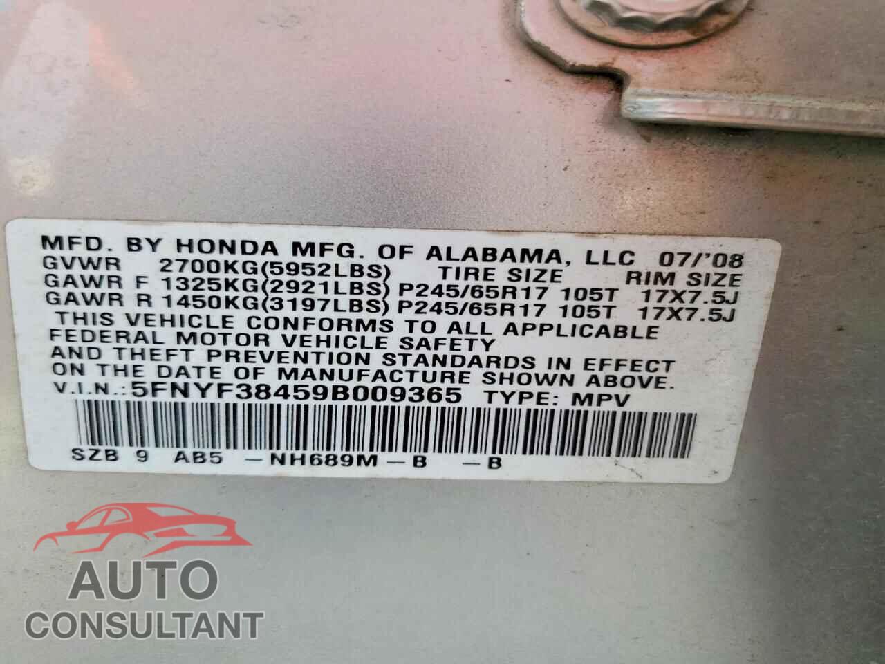 HONDA PILOT 2009 - 5FNYF38459B009365