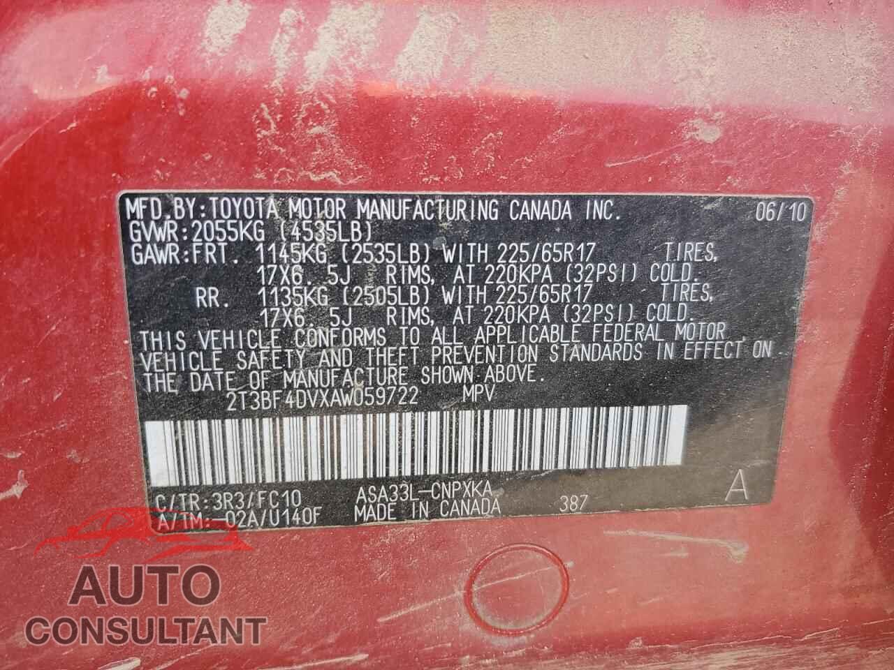 TOYOTA RAV4 2010 - 2T3BF4DVXAW059722