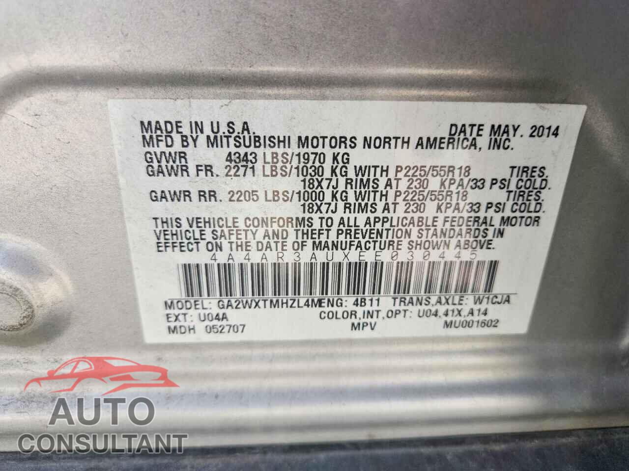 MITSUBISHI OUTLANDER 2014 - 4A4AR3AUXEE030445