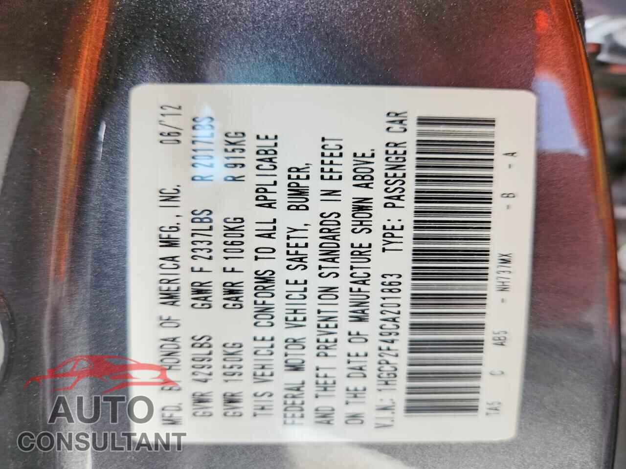 HONDA ACCORD 2012 - 1HGCP2F49CA201863