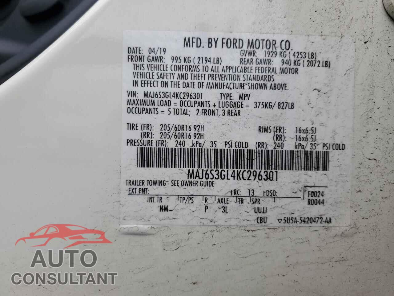 FORD ECOSPORT 2019 - MAJ6S3GL4KC296301
