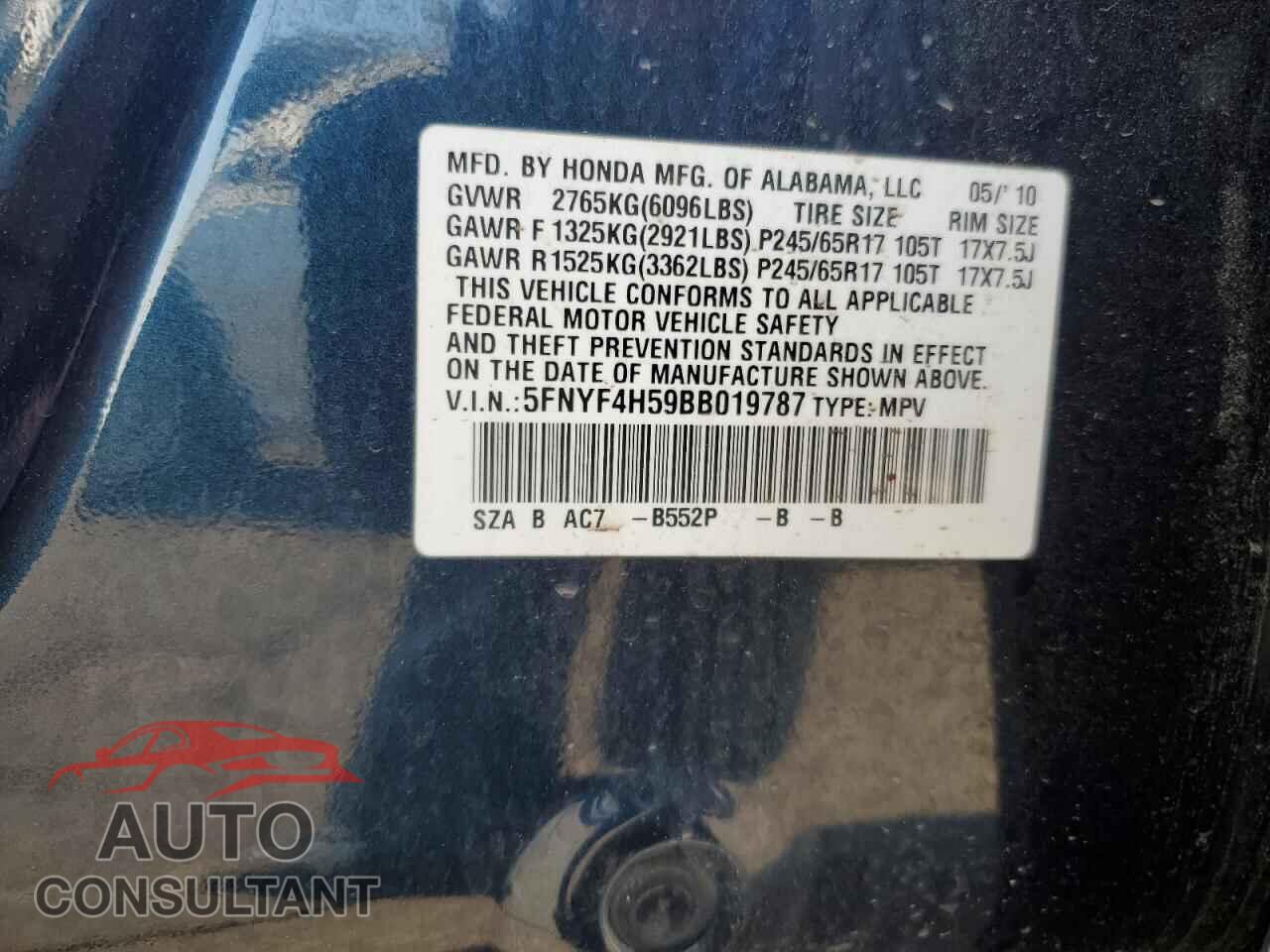 HONDA PILOT 2011 - 5FNYF4H59BB019787
