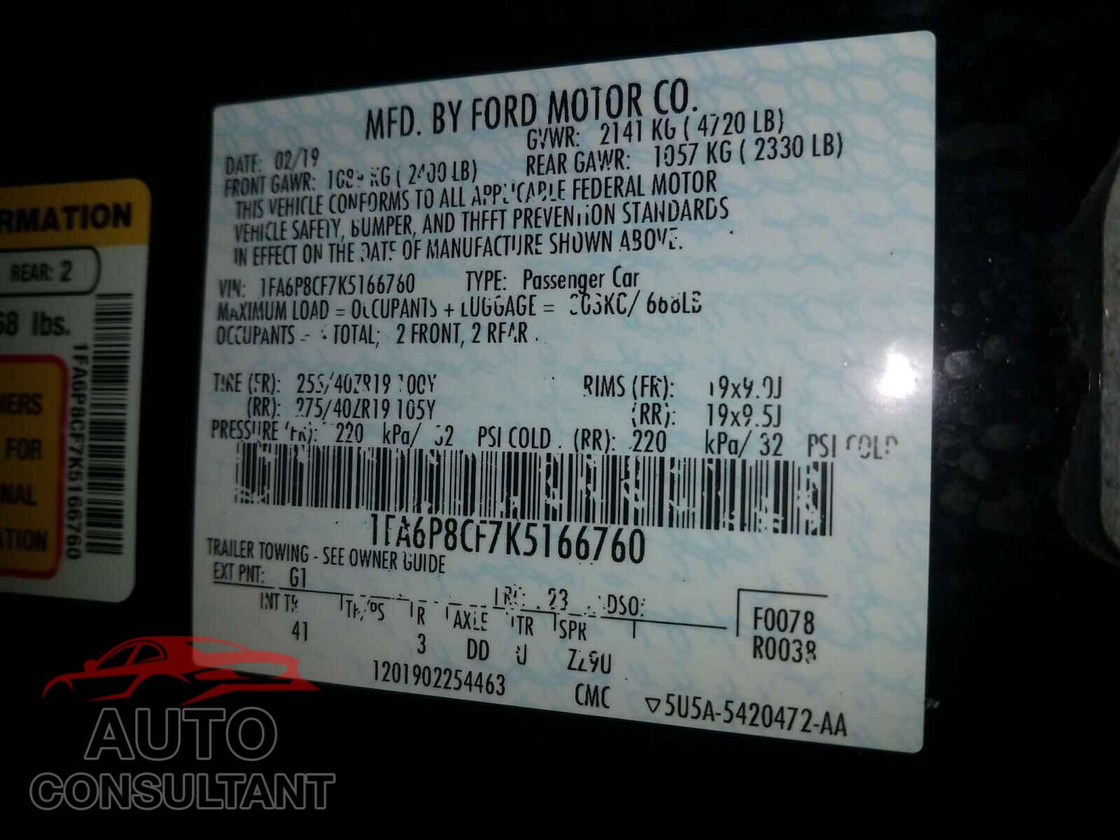FORD MUSTANG 2019 - 1FA6P8CF7K5166760