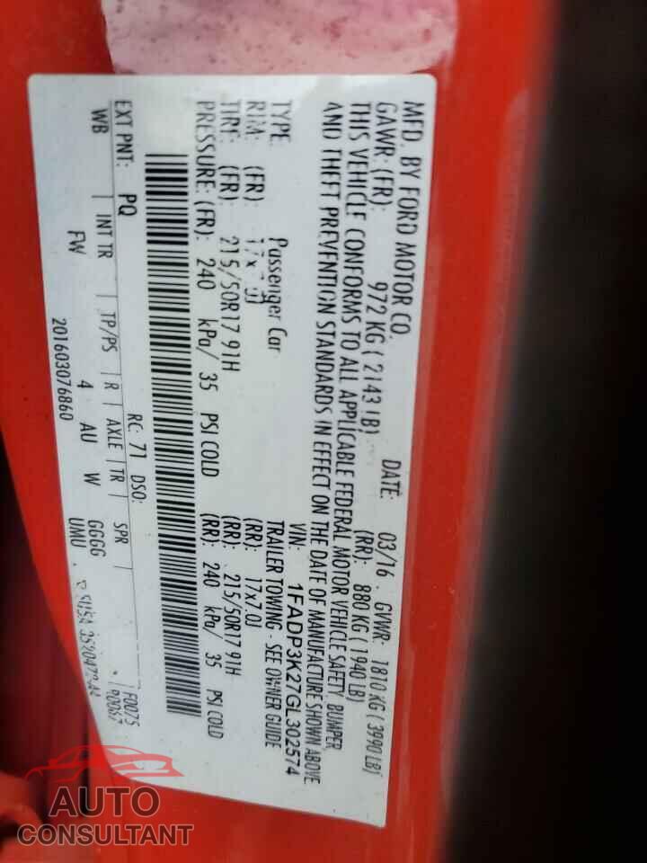 FORD FOCUS 2016 - 1FADP3K27GL302574