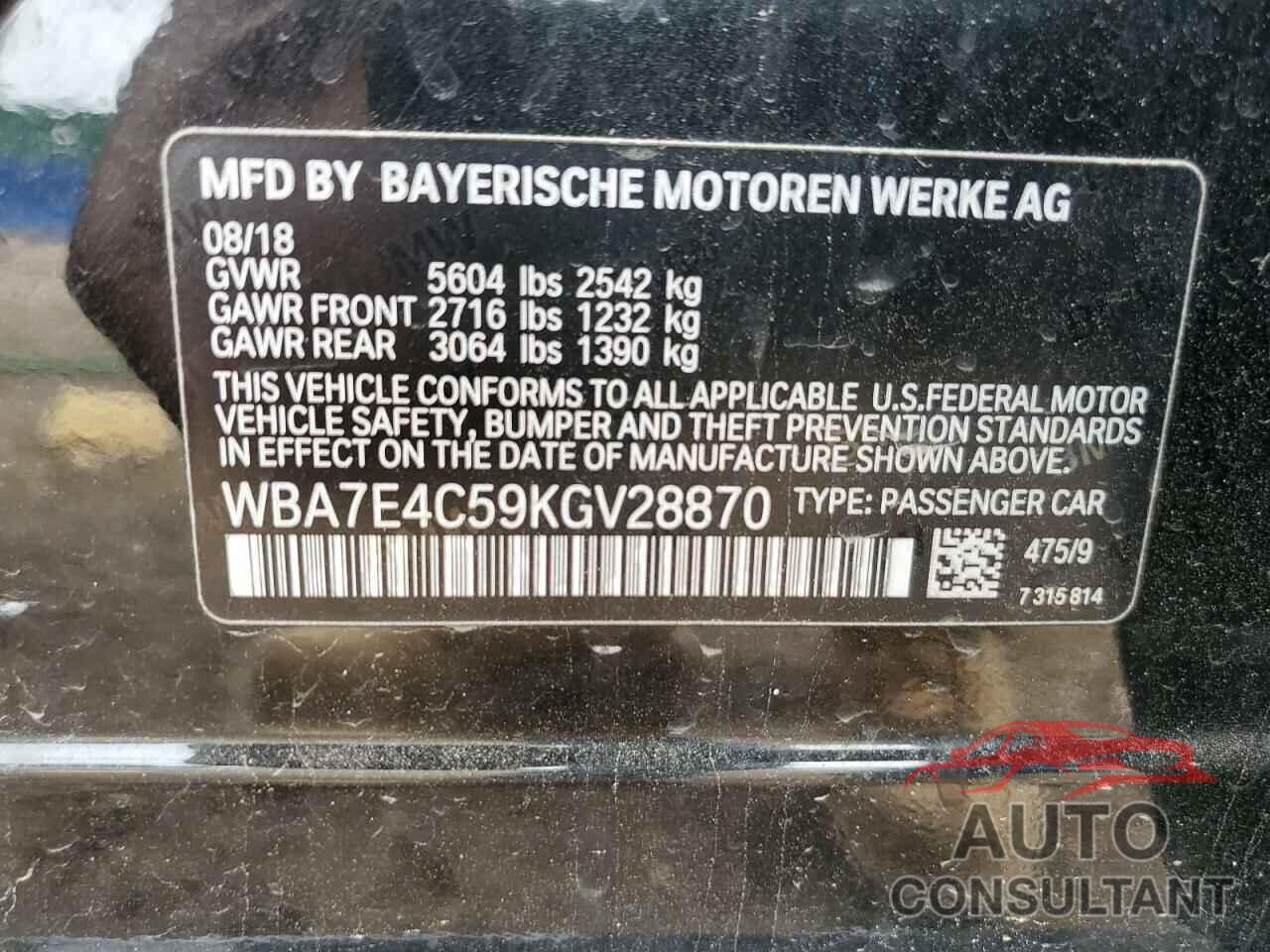 BMW 7 SERIES 2019 - WBA7E4C59KGV28870