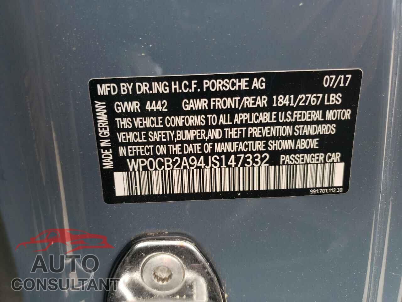 PORSCHE 911 2018 - WP0CB2A94JS147332