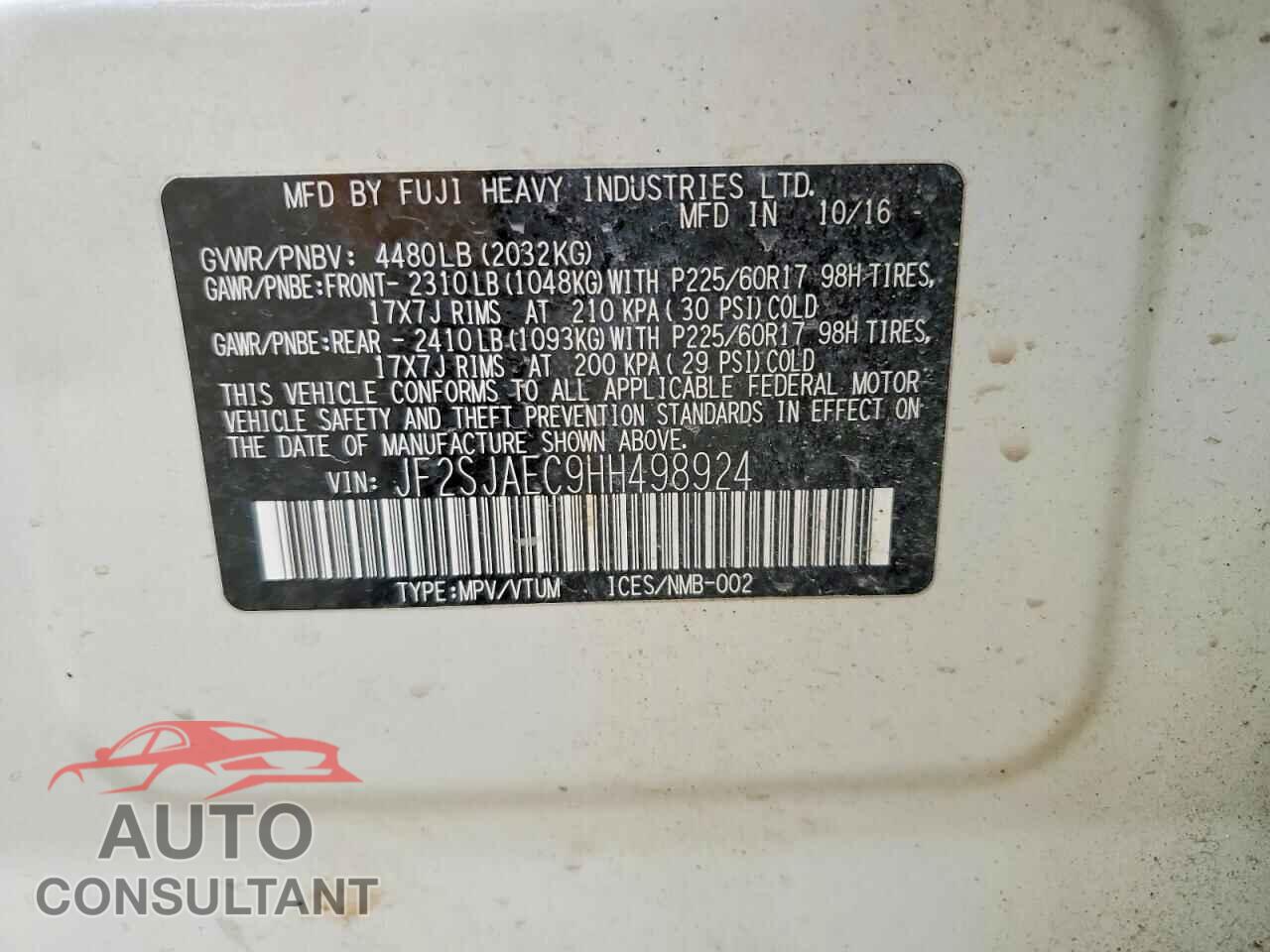 SUBARU FORESTER 2017 - JF2SJAEC9HH498924