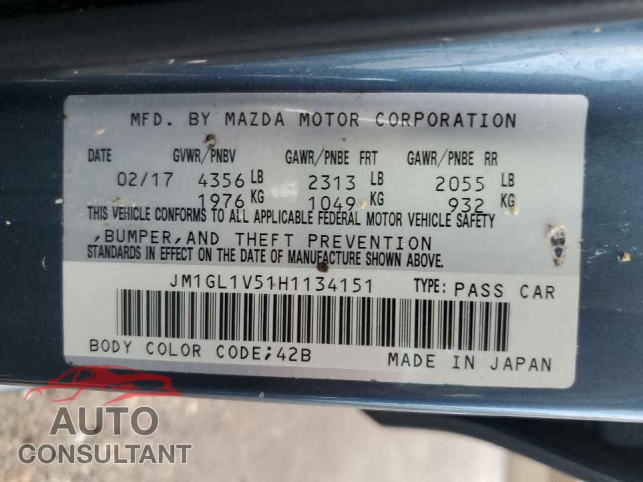 MAZDA 6 2017 - JM1GL1V51H1134151