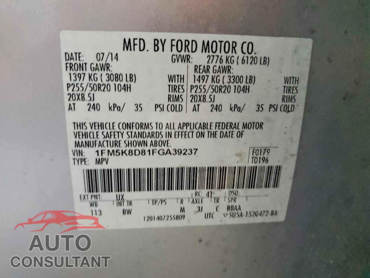 FORD EXPLORER 2015 - 1FM5K8D81FGA39237