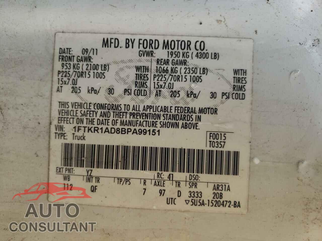 FORD RANGER 2011 - 1FTKR1AD8BPA99151