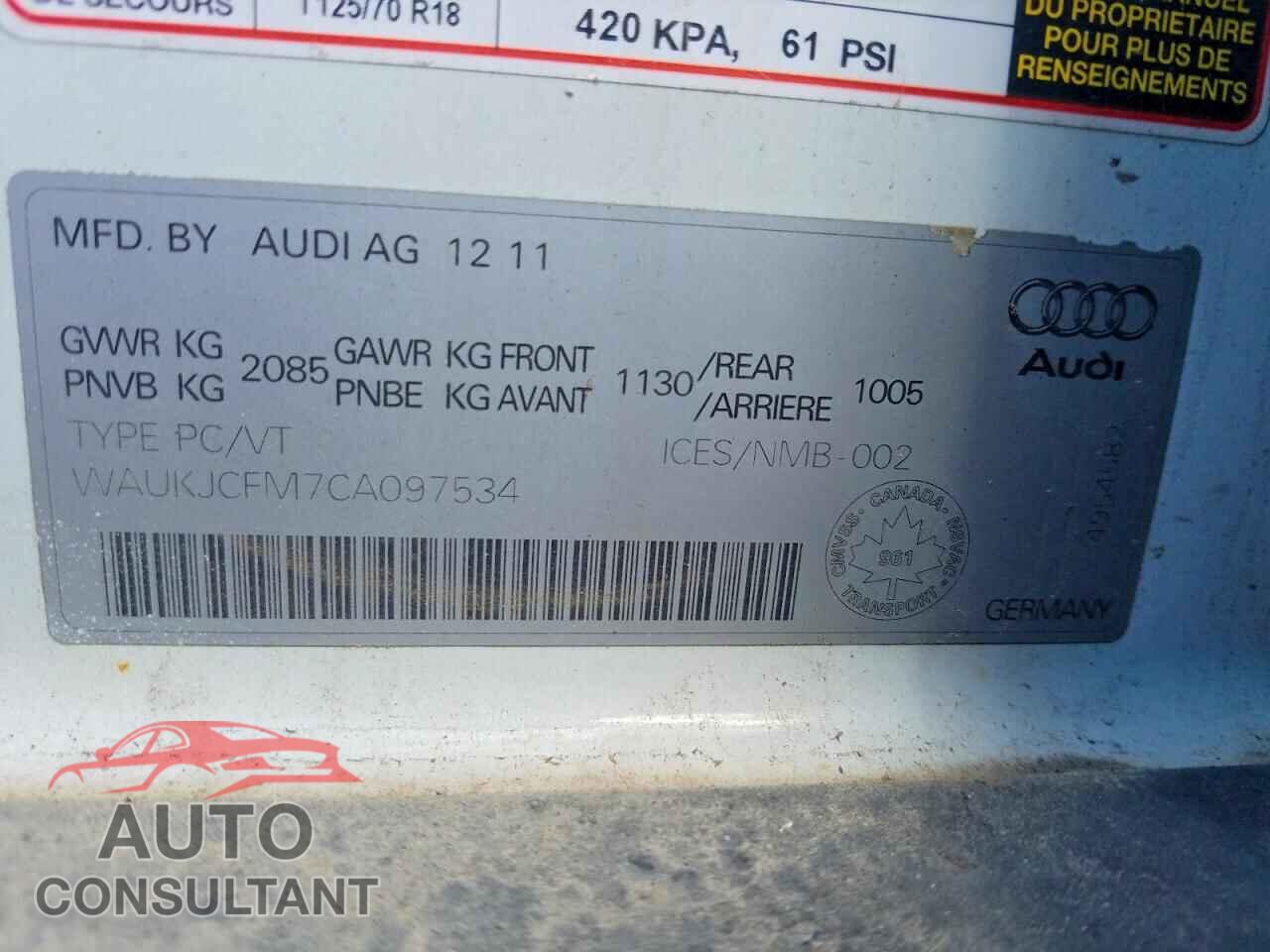 AUDI A3 2012 - WAUKJCFM7CA097534